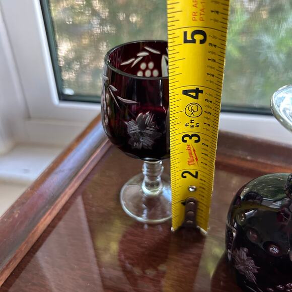 Set of 5 Vintage Cranberry Cut-to-Clear Bohemian-Style Cordial Glasses - Picture 13 of 13